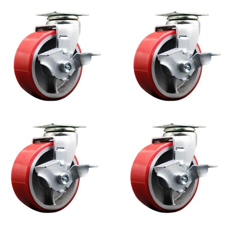 Service Caster 5 Inch Red Poly on Cast Iron Swivel Caster Set with Ball Bearings and Brakes SCC-20S520-PUB-RS-TLB-4